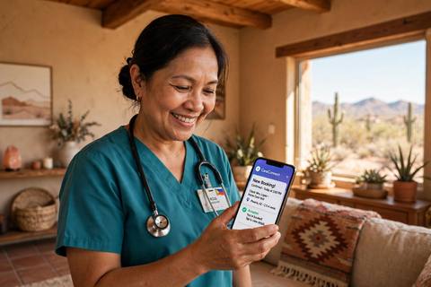 A caregiver smiling at a new booking notification on her phone