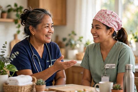 An experienced caregiver mentoring a new caregiver trainee