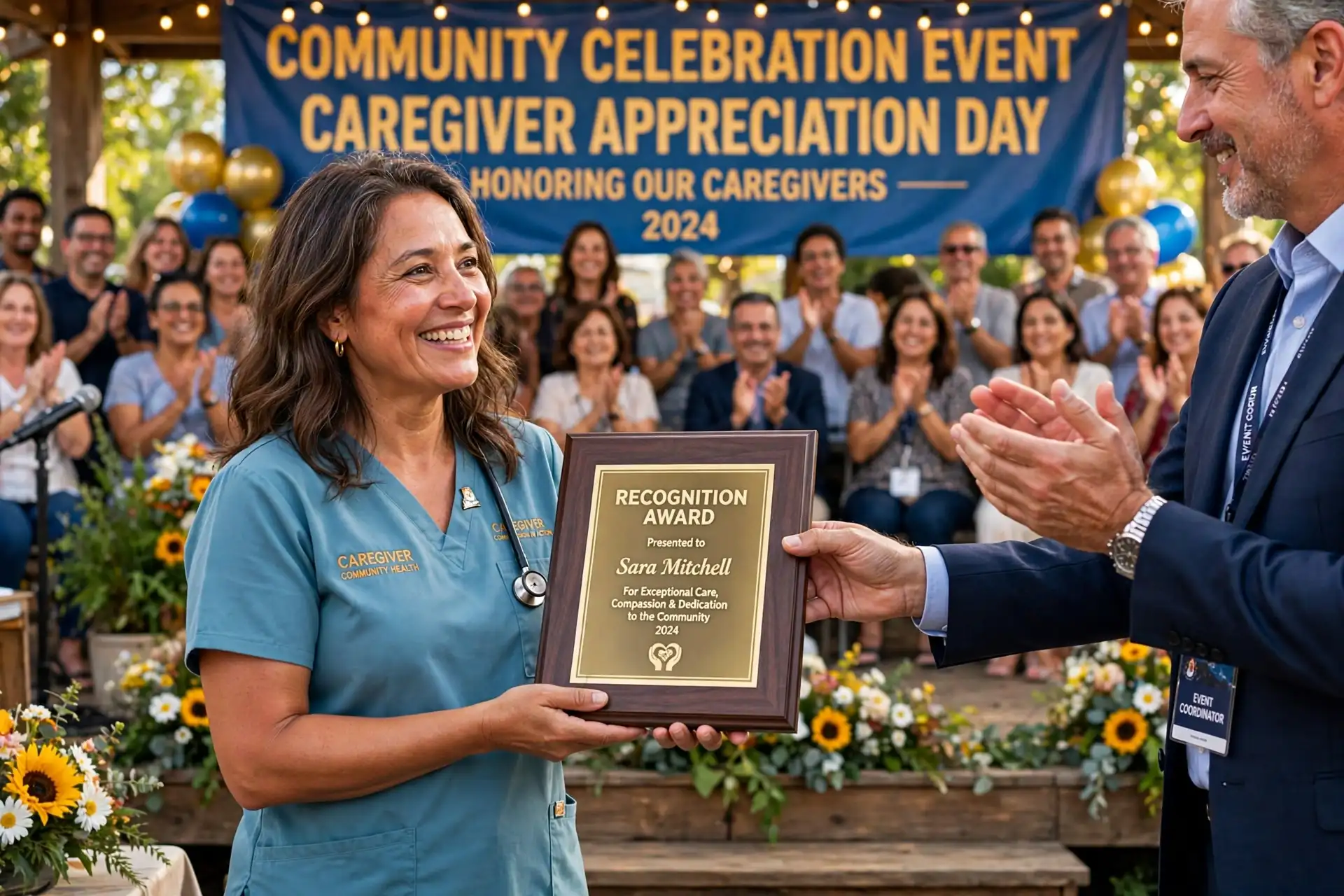 A caregiver receiving a recognition award at a community celebration
