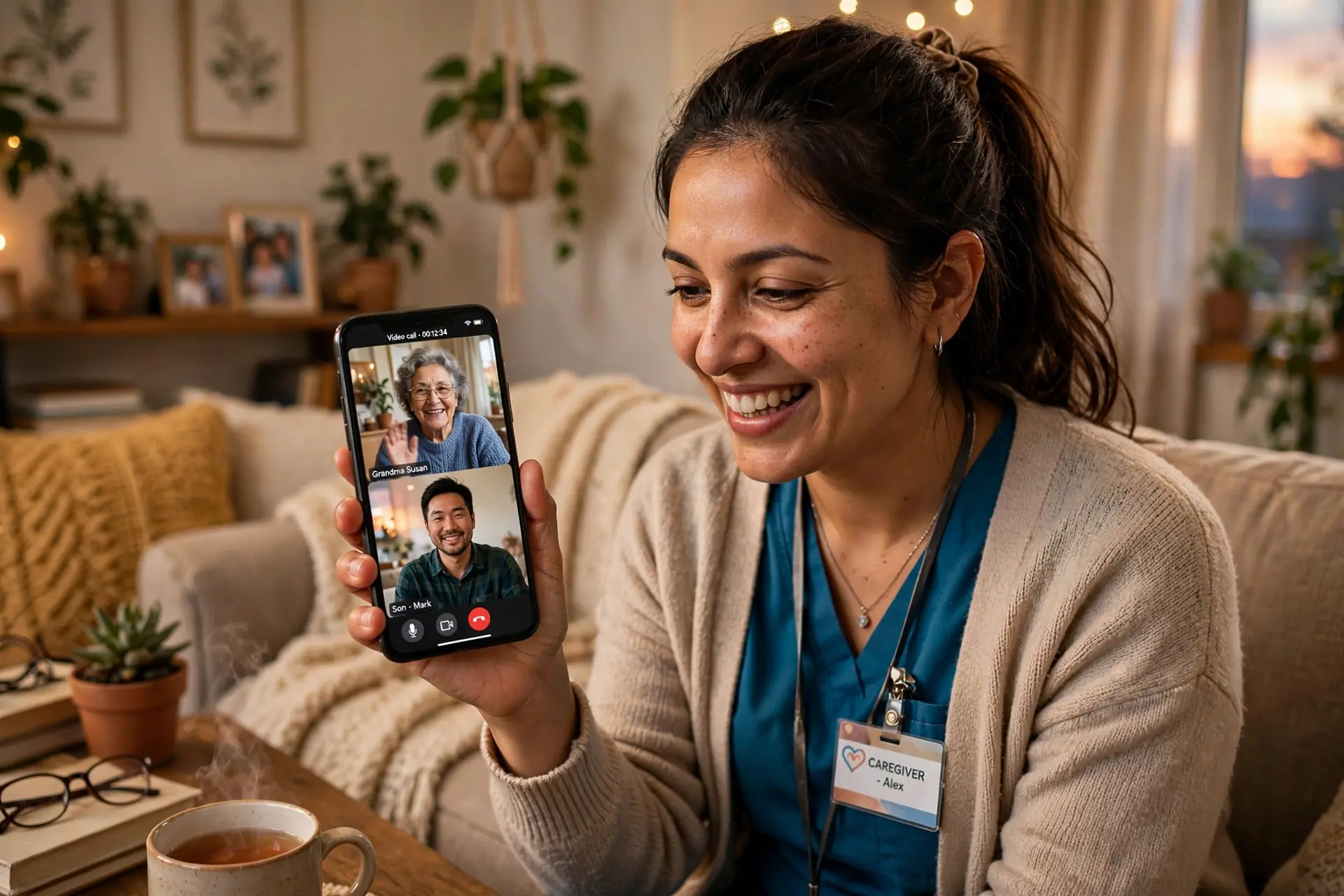 A caregiver on a video call with a senior and her son
